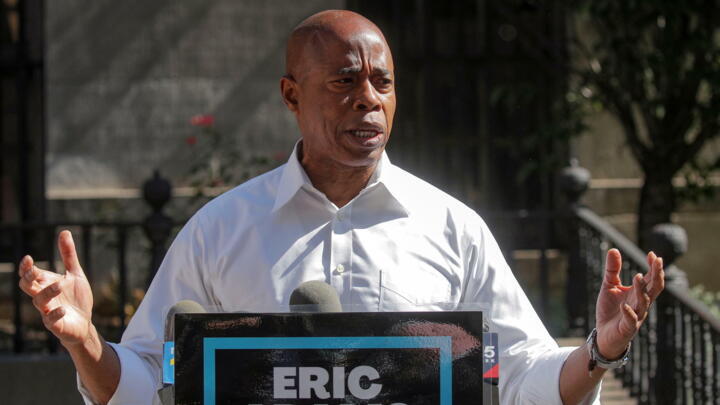 FILE PHOTO: Eric Adams, Brooklyn borough president and Democratic candidate for New York City mayor, speaks during a news conference outside Brooklyn Borough Hall in Brooklyn, New York, US, June 24, 2021.