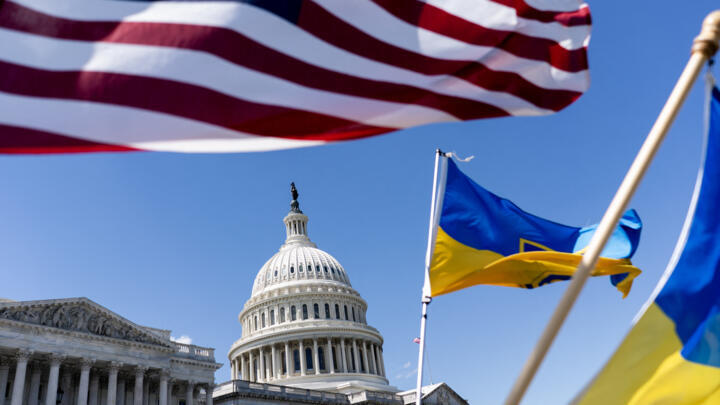 American and Ukrainian flags fly near the US Capitol on April 20, 2024 in Washington, DC. 