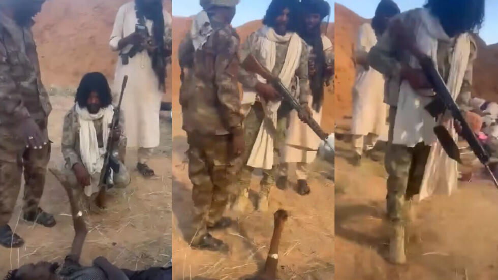 Screenshots of a video posted on Facebook on October 27, 2025: Abu Lulu (the man with the white scarf) speaks to a wounded prisoner, then fires five bullets from an assault rifle, killing him.
