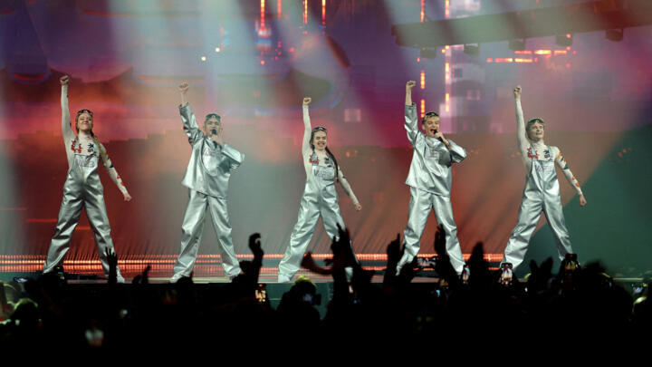 VÃ B, representing Iceland, perform "ROA", during the Grand Final of the 2025 Eurovision Song Contest in Basel, Switzerland, May 17, 2025.