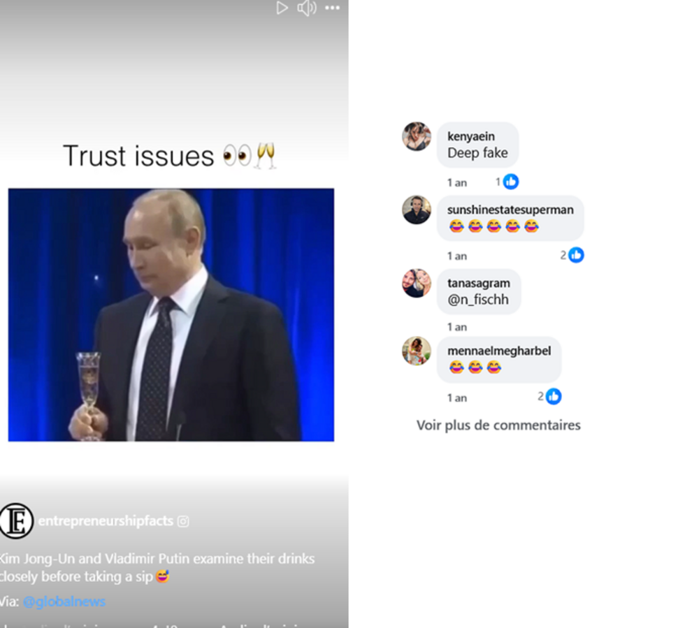 Sur Facebook, un utilisateur déclare que la vidéo du toast de Vladimir Poutine et de Kim Jong-un a été générée par IA. Si la vidéo est bien factice, elle est en fait issue de la manipulation d'images réelles.