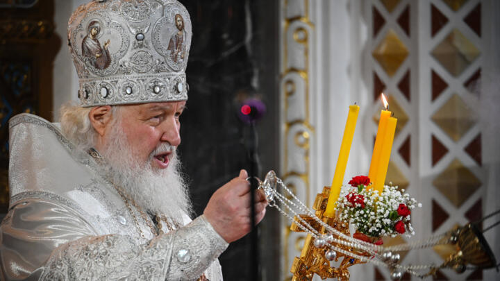Russian Orthodox Patriarch Kirill is seen during an Orthodox Easter service in Moscow on April 23, 2022.