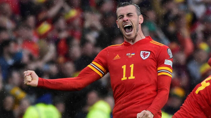 Welsh player Gareth Bale celebrates in Cardiff City Stadium, Wales, on June 6, 2022, as the Welsh football team qualifies for the 2022 World Cup in Qatar.