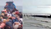 The image at the left is a screengrab from a TikTok video filmed by an Indonesian migrant travelling on a boat between Malaysia and Indonesia. The image at the right shows the Johor coast guard pulling a capsized boat out of the waves.