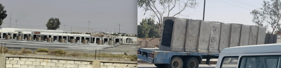 The photo at left, posted on Facebook on November 9, 2025, shows a site in the north of the city where concrete blocks are being manufactured, according to local sources. The photo at right, posted on June 11, 2025, shows concrete supports being transported. The caption explains that the concrete blocks will be used to reinforce tunnels in Raqqa.